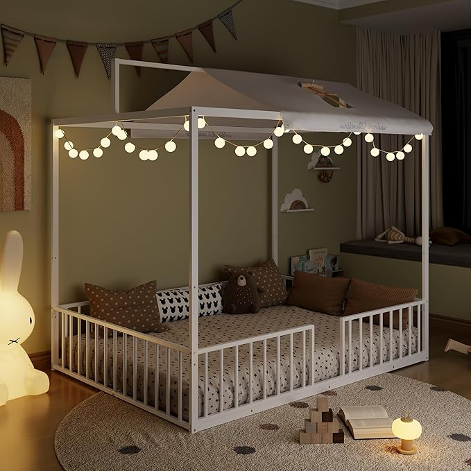 Merax Full Size Convertible Montessori Floor Bed, Metal House Bed Framefor Kids, Floor Beds with Fence for Kids,White