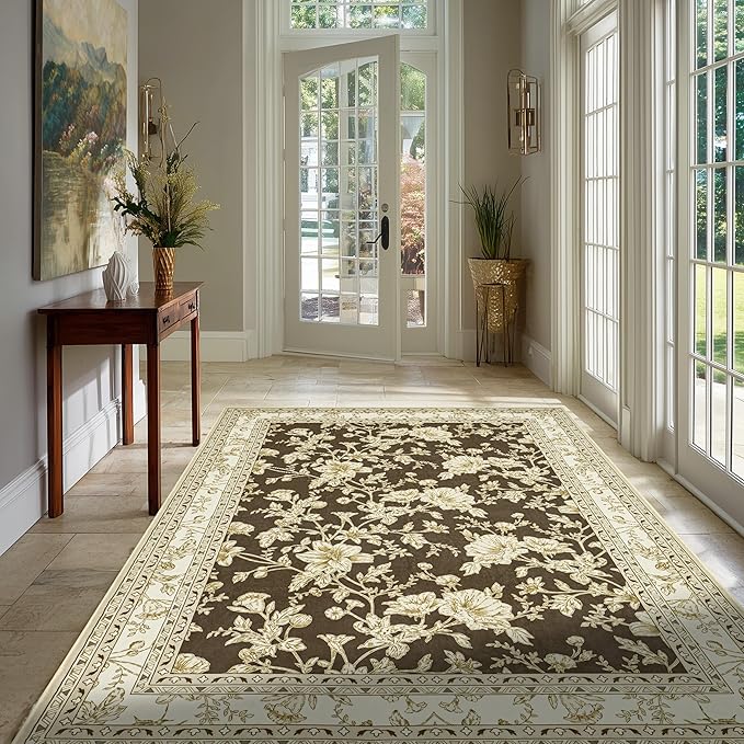 Brown Floral Print Area Rugs for Bedroom Living Room Boho Farmhouse Country Rustic Dining Room Carpet Soft Washable Rugs Non Slip Floor Covering for Nursery Playroom 4x6