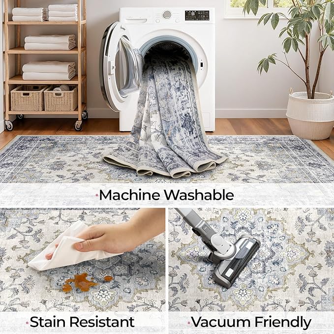 Machine Washable Rugs Nursery Rug 3x5 Cute Girl Non Slip Low Pile Water Repellent Soft Print Pattern for Bedroom Indoor Decor Kids Playroom Bluewhite