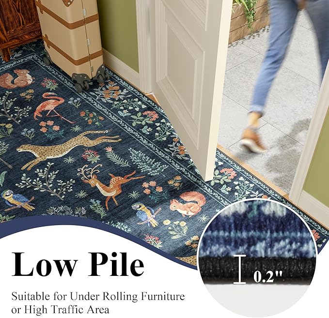 DUKINO 4ft Round Rug, Washable Round Area Rug, Non Slip Indoor Low Pile Animal Design, Soft Small Vintage Circle Carpet for Bedroom, Entryway, Living Room, Dining Room, Navy Blue