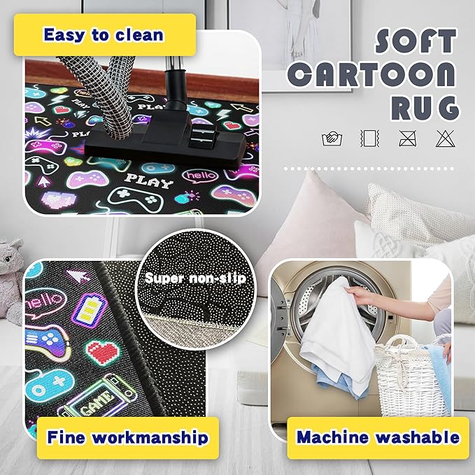 59"x39" Gaming Play Rug for Bedroom, Gaming Controller Mat Gamepad for Playroom, Gamer Décor for Game Lover Washable Carpet,Black