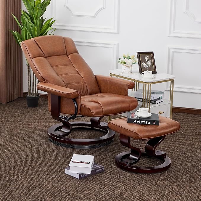 MCombo Manual Swivel Recliner with Ottoman, Chair Ottoman Set for RV Small Spaces, Living Room, Bedroom, Office 9019 4919 (Faux Leather, Saddle)