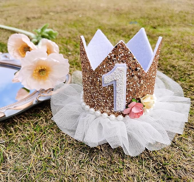 Crown for Girls' First Birthday, Rose Gold 1st Birthday Hat, Flower Tutu Crown, Cake Smash Props, Decorations for Girls