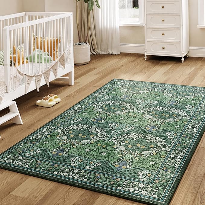 5x7 Washable Dark Green Floral Area Rug for Living Room, Non-Slip Soft Floral Print Vintage Boho Carpet, Forest Green Low Pile Rugs for Bedroom, Dining Room, Indoor Decor