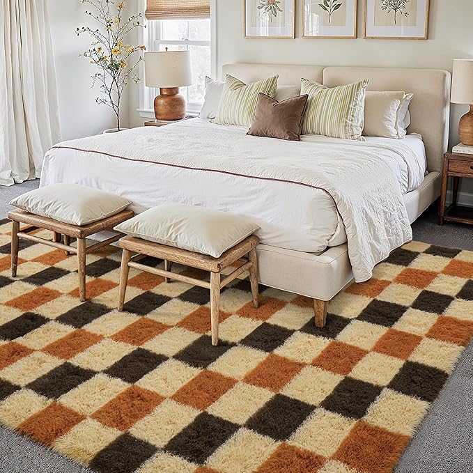Checkered Rug 8x10 for Living Room, Colorful Modern Shag Rug Washable Non-Slip Large Area Rug Super Soft Indoor Fuzzy Carpet Fluffy Rugs for Bedroom Home Aesthetic Decor