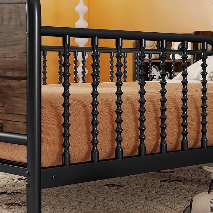 Ball & Cast Twin Size Toddler Bed W/LED Light,Metal Bed W/Storage Headboard & 2 3-Tiers Storage Shelves,Platform Bed Frame W/Safety Guardrails & Low Profile Design,for Boys Girls,Black