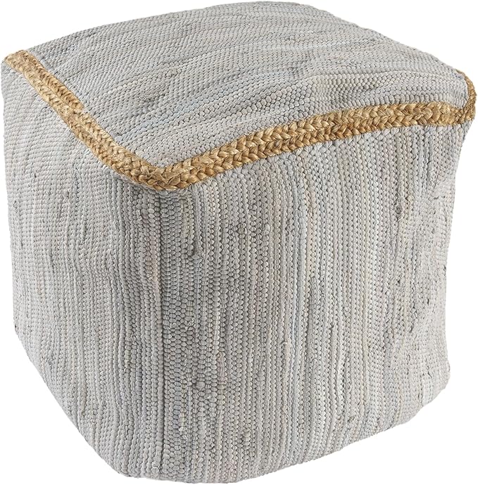 LR Home Gray Bordered Transitional Hand-Loomed All-Natural Cotton Pouf with Jute Braid | Farmhouse Cube Foot Rest for Bedroom & Living Room Decor | 18 x 18 x 18 Stuffed Ottoman for Seating