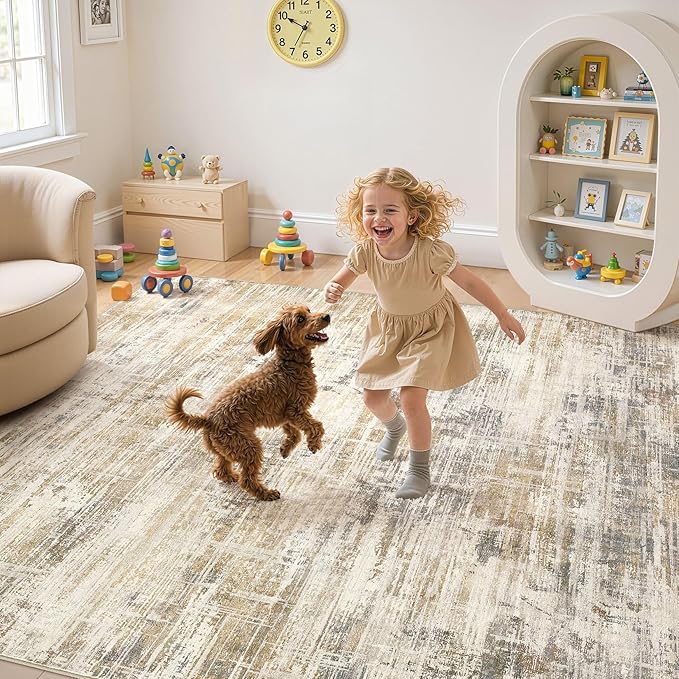 Area Rug for Living Room: 8x10 Washable Neutral Abstract Modern Soft Rugs Non Slip Indoor Floor Stain Resistant Large Carpet for Bedroom Dining Room Office Nursery - Golden Brown