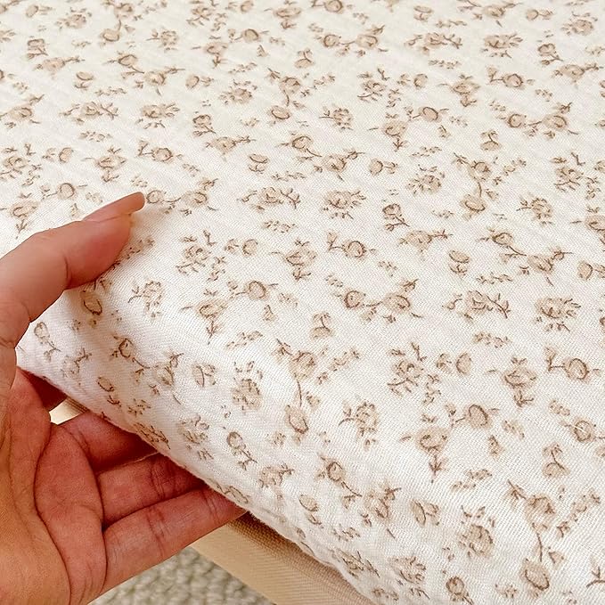 BuLuTu 100% Cotton Fitted Baby Bed Sheets Set of 2, Soft Breathable Muslin Crib Sheets for Standard Crib Mattress Toddler Mattress 52"x28", Machine Washable, Beige & Camellia