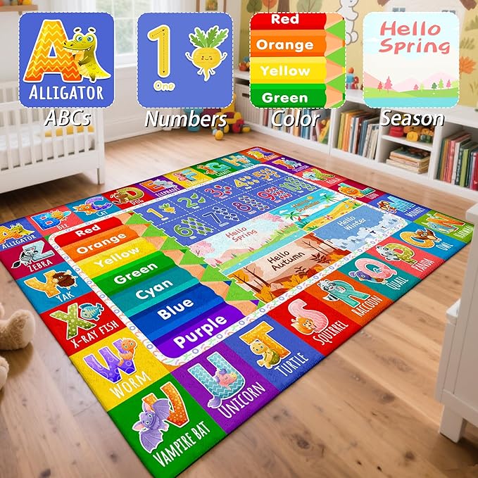 Kids Classroom & Playroom Rug - ABC Alphabet Educational Area Rug with Animals Colors & Numbers - Washable Non-Slip Carpet Playmat for Nursery Preschool & Reading Area 4x6 Feet