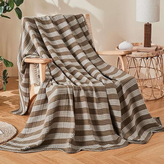 EMME Cotton Muslin King Blanket Bed Layering Bedspread Coverlet Breathable Gauze Soft Lightweight (Striped Brown, 108"x90")