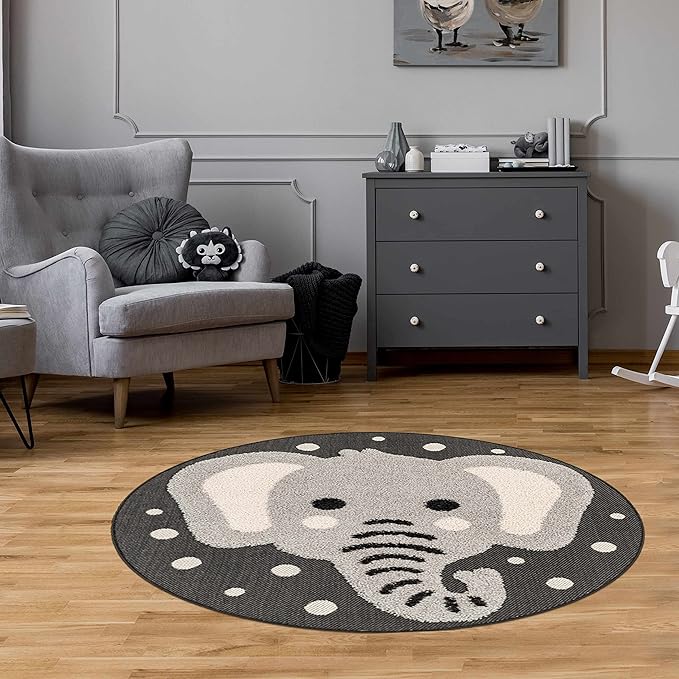 Hauteloom Kids Room, Nursery Round Area Rug - Outdoor Patio Safe - Animal Baby Elephant Playroom Carpet - Beige, Gray, Black, Cream - 7'10"