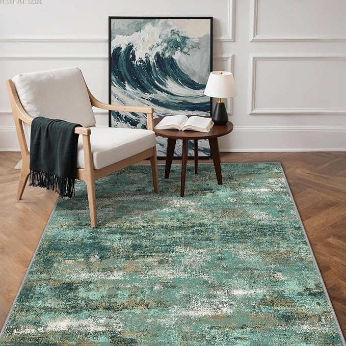 GENIMO 3x5 Rug for Entryway Washable Area Rug, Modern Abstract Small Rugs for Entrance Living Room, Bedroom Beside Rugs, Non-Slip Low Pile Lightweight Soft Carpet, Turquoise