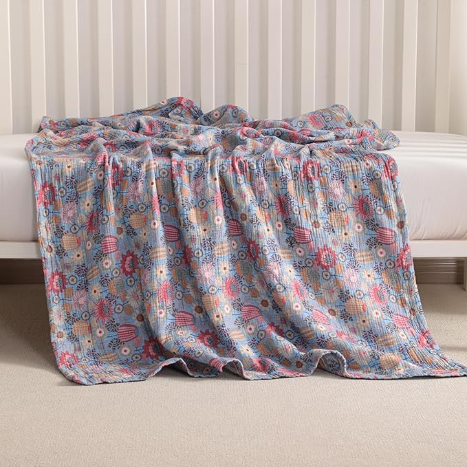 NTBAY 2 Layer Muslin Cotton Baby Swaddle Blanket, 42x60 Soft and Breathable Receiving for Newborns and Infants, Perfect for Crib, Stroller, Travel, Lightweight Nursery Blanket, Boho Flower