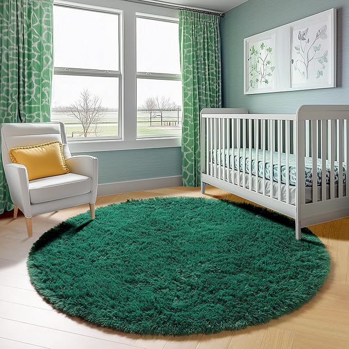 ONASAR Dark Green Round Area Rug 4x4, Soft Bedroom Circle Rugs for Kids Girls Teen Room, Cute Furry Plush Shaggy Carpet for Baby Nursery Living Room Playroom Dorm Christmas Home Decor