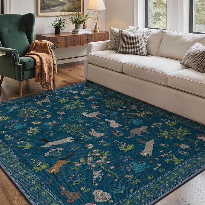 Rugs for Living Room 5x7 Floral Animal Print Area Rug Machine Washable Rug, Non Slip Low Pile Carpet for Bedroom, Entryway, Midnight Blue