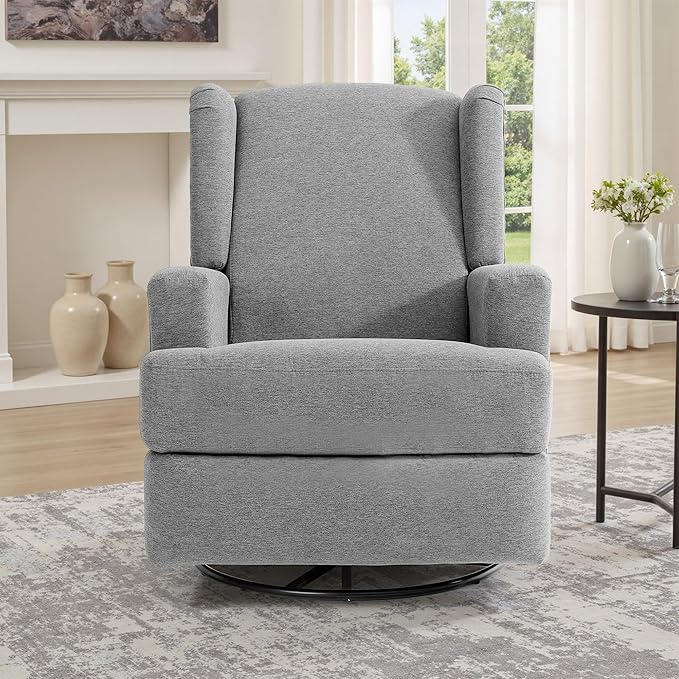 UIXE Swivel Glider Recliner Chair for Adults, Fabric High Back Accent Chair Nursery Rocker for Living Room, Upholstered Manual Reclining Sofa Seating with Deep Seat - Flax Gray