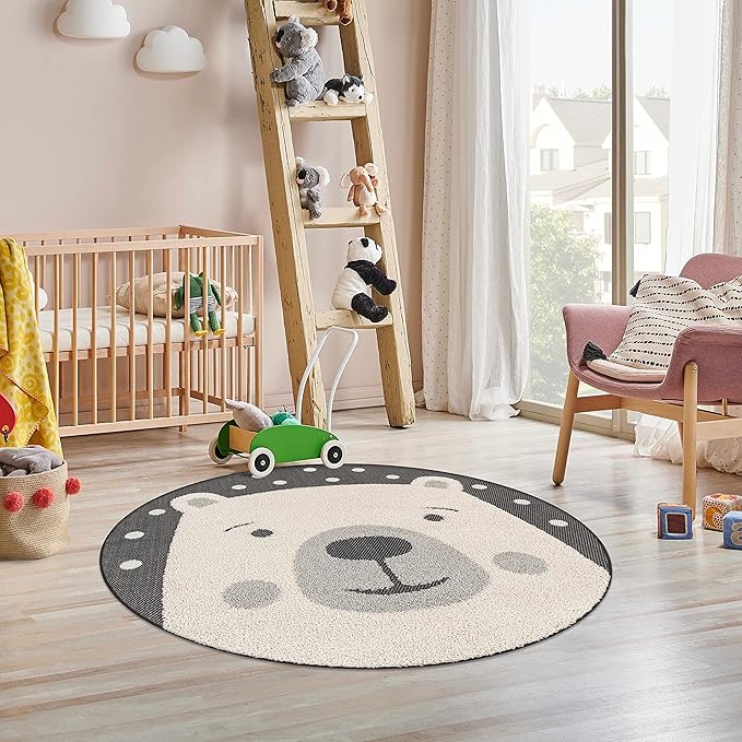 Hauteloom Kids Room, Nursery Round Area Rug - Outdoor Patio Safe - Animal Bear Playroom Carpet - Beige, Gray, Black, Cream - 3'11"