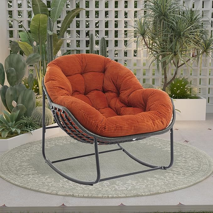 Oversized Outdoor Papasan Rocking Chair with Soft Cushion, Comfy Patio Egg Chair, Wicker Lounge Rocker for Balcony/Porch/Garden, Reinforced All Weather Rattan Frame, 330 lbs Support, Burnt Orange