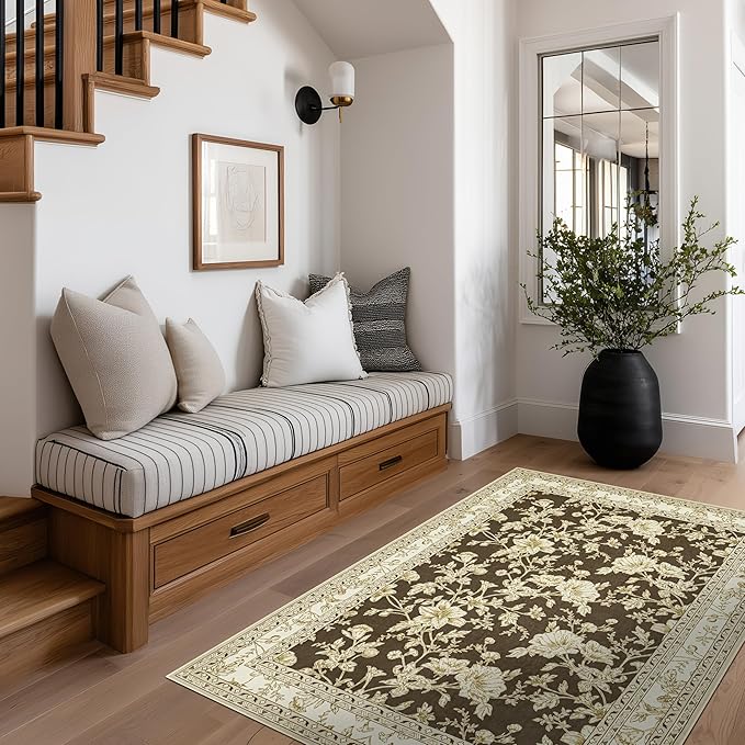 Brown Floral Print Area Rugs for Bedroom Living Room Boho Farmhouse Country Rustic Dining Room Carpet Soft Washable Rugs Non Slip Floor Covering for Nursery Playroom 2x3