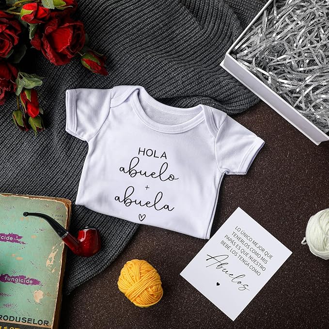 4 Pcs Pregnancy Announcement for Abuelos, Hola Abuelos Baby Bodysuit Pregnancy Reveal Card Baby Announcement Gift Box with Gifts Set