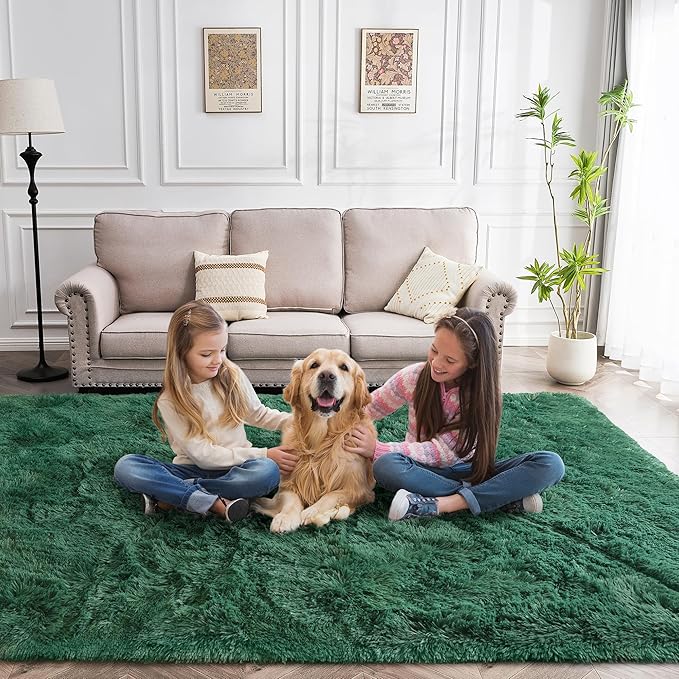 Fluffy Rug Non Slip 6x9 Feet, Black Green Large Rugs for Living Room Floor Moss Emerald Shaggy Carpet for Bedroom