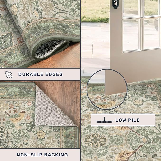 8ft Long Floral Kitchen Runners - Sage 2x8 Runner Rug for Hallway Bathroom Laundry Room Bedroom Beside Bed Entryway, Boho Birds Leaves Patterned Non Slip Low Pile Washable Rugs
