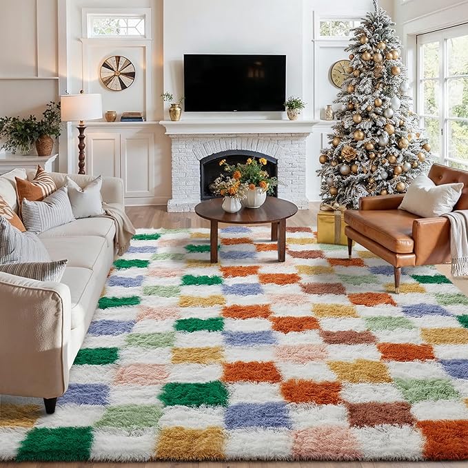 Checkered Rug 8x10 for Living Room, Modern Neutral Shag Rug Washable Non-Slip Large Area Rug Super Soft Indoor Fuzzy Carpet Fluffy Rugs for Bedroom Home Aesthetic Decor