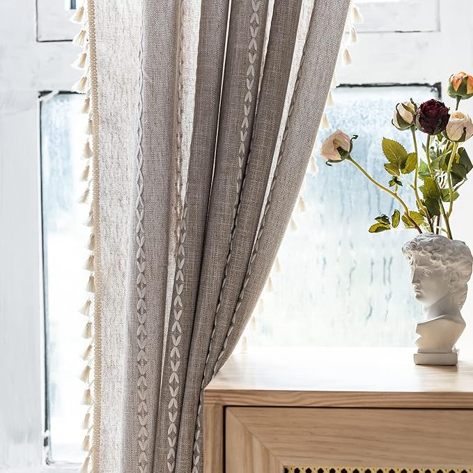 Deeprove Boho Curtains 108 Inches Long for Bedroom Living Room Patio, Bohemian Embroidery Cotton Linen French Country Window Treatment Tassel Drape Light Filter, W52 x L108 1 Panel, Natural