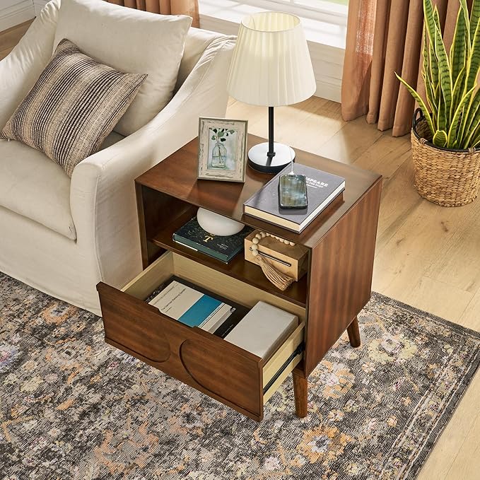 Mid Century Modern Fluted Nightstand, Night Stand with Charging Station USB Ports & Outlet Hole & 4 Solid Wood Legs, Farmhouse End Table with Open Space and Drawer Dresse (Walnut)