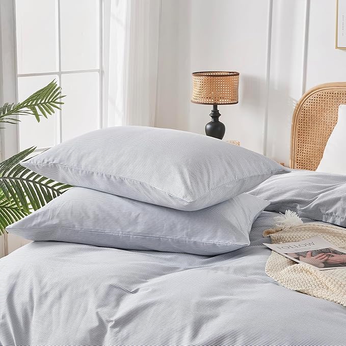 JELLYMONI 100% Natural Cotton 3pcs Striped Duvet Cover Sets,Blue Duvet Cover with Thin White Stripes Pattern Printed Comforter Cover,with Zipper Closure & Corner Ties(King Size)