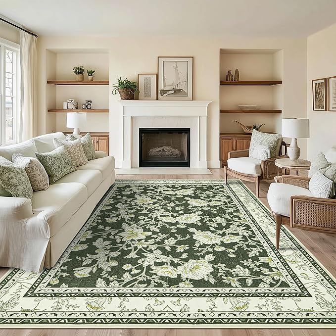 Olive Green Floral Print Area Rugs for Bedroom Living Room Boho Farmhouse Country Rustic Dining Room Carpet Soft Washable Rugs Non Slip Floor Covering for Nursery Playroom 5x7