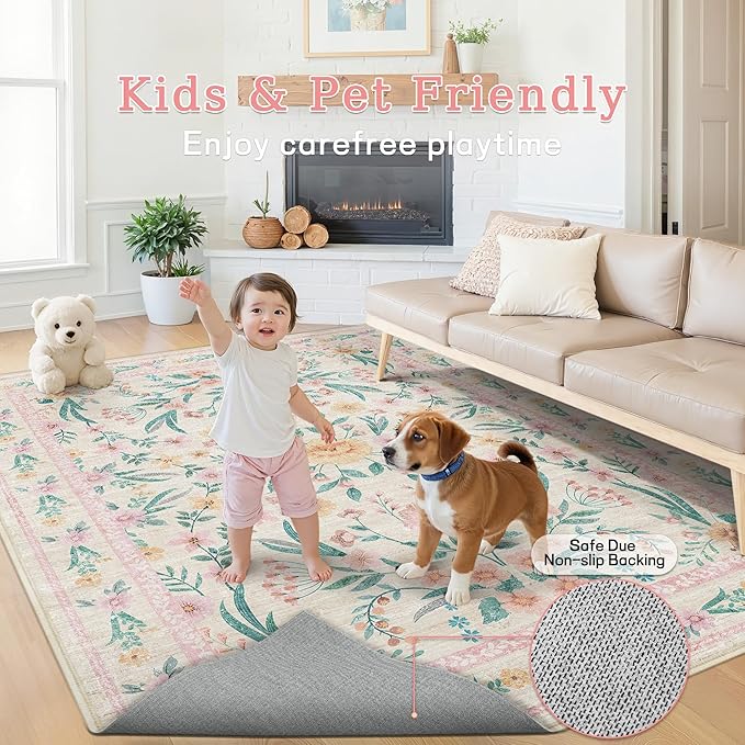 Pink Floral Area Rug 6x9,Soft Washable Girls Bedroom Rug for Nursery, Living Room or Playroom,Boho Vintage Non-Slip Carpet for Kids or Teen Girl Room Decor