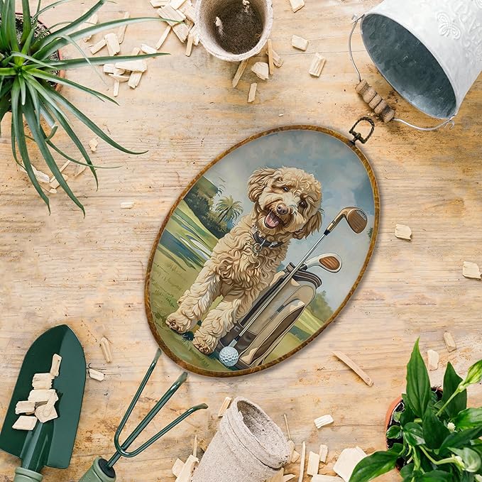 Hiuwevt Goldendoodle Golf Oval Wall Art Decor, Goldendoodle Gifts for Women Framed Canvas Prints, Rustic Golfing Dog Oval Wall Hanging Decor for Home Gym Sport Room Decorations, 8.6x11.4 Inches