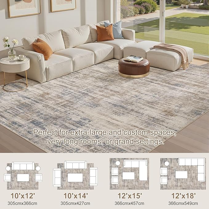 Area Rug for Living Room: 10x12 Washable Neutral Abstract Modern Soft Rugs Non Slip Indoor Floor Stain Resistant Large Carpet for Bedroom Dining Room Office Nursery - Brown