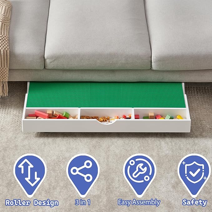 3 in 1 Construction Play Table Compatible with Lego, Kids Activity Train Table with Storage, Building Block and Train Car Conveniently Store Under Bed or Sofas