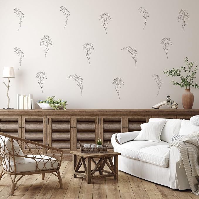 Floral Wall Decals - Set of 12 Large 10" Brown Floral Vinyl Wall Stickers for Kitchen Bedroom Living Room Laundry Bathroom Decor Removable Peel and Stick Indoor Wall Decor