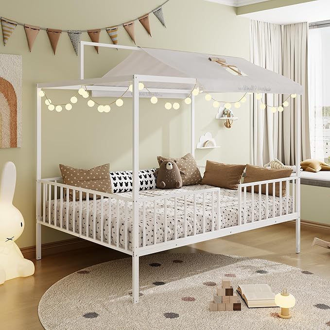 Merax Full Size Convertible Montessori Floor Bed, Metal House Bed Framefor Kids, Floor Beds with Fence for Kids,White
