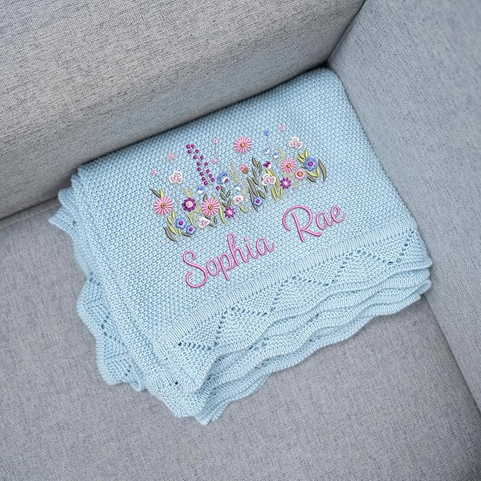 Wildflower Nursery Quilt Blanket with Ruffle Edge – Custom Embroidered Floral Name Blanket, Personalized Newborn Gift for Girls, Soft Keepsake for Baby Shower