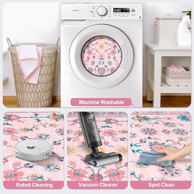Tangsoo Pink Rug for Bedroom Girl Nursery 5x7, Washable Non Slip Cute Floral Rug for College, Soft Low Pile Carpet for Living Room Teen Coquette Room Loveshackfancy Decor Alfombra Kids Baby Playroom