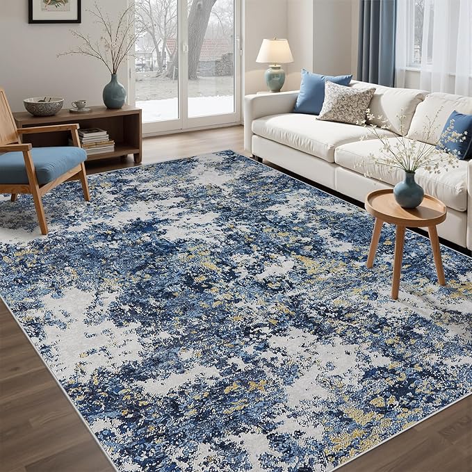 Area Rug Living Room Rugs: 5x7 Washable Rug with Anti-Slip Backing Non-Shedding Stain-Resistant Foldable Modern Abstract Carpet for Bedroom Dining Room Nursery Home Office (Blue/Multi)