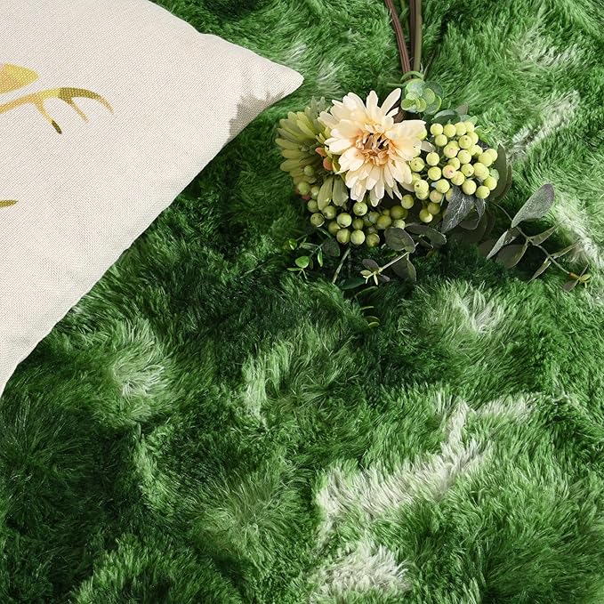 DweIke Fluffy Dark Green Rugs for Bedroom Living Room, 5x8 Large Soft Plush Shaggy Tie-Dyed Forest Moss Green Girls Boys Kids Rug, Non-Slip and Machine Washable Carpet for Dorm Nursery Decor