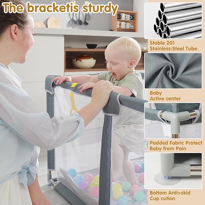 Baby playpen, 79"x71"Baby Playpen with Mat Indoor＆Outdoor Playpen for Babies and Toddlers with Breathable Play Pen with Ocean Balls Hanging Pocket Basketball Hoop and Football Goal