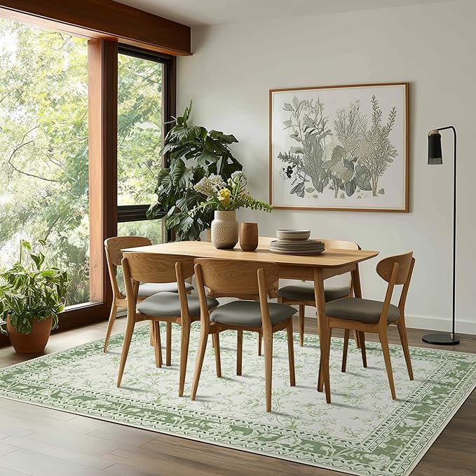 Sage Green Floral 5x7 Area Rug Vintage Boho Washable Printed Rug for Living Room Non-Slip Soft Bedroom Cottagecore Farmhouse Carpet for Dining Room Nursery Light Green and Cream Beige Sketch Style