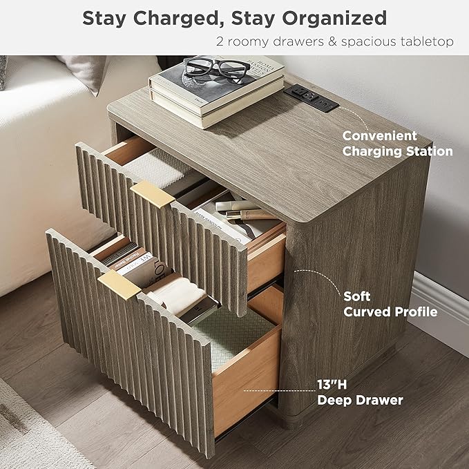 T4TREAM 23'' Fluted Nightstand with Charging Station, Large 2 Drawer Side Table, Modern End Table with Storage, Mid Century Bedside Table for Bedroom, Living Room, Curved Profile, Grey Alder