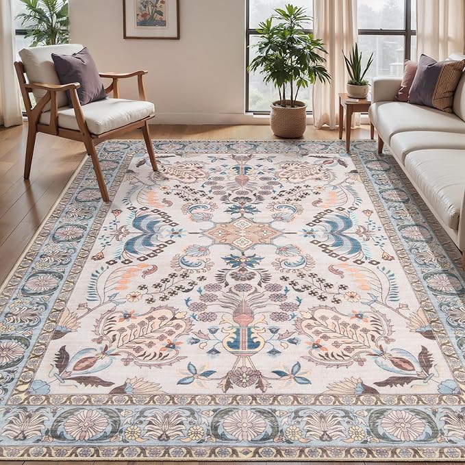 Tangsoo 5x7 Washable Area Rug, Non Slip Boho Persian Floral Rug for Living Room Bedroom, Vintage Neutral Soft Low Pile Floor Indoor Carpet for Bathroom Office Laundry Kid & Pets Friendly Home Decor