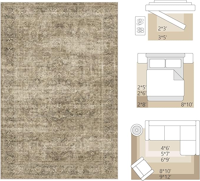 FMFUNCTEX 2x5 Washable Runner Rug Brown Vintage Neutral Distressed Oriental Non Slip Low Pile Indoor Carpet Retro Hallway Entryway Rug for Kitchen Living Room Bedroom Bathroom Laundry Entry Bedside
