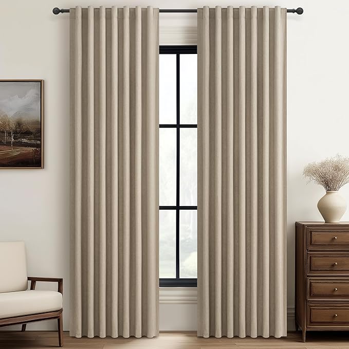 GreyBeige Modern Neutral 90 Inch Blackout Sliding Glass Door Curtains Light and Draft Blocking Drapes for Living Room Traverse Ring Top Back Tab Heavy Duty Lined Linen Burg Cottagecore Nursery 2 Pack