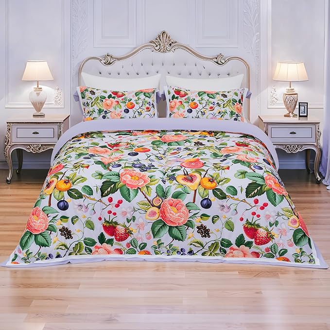 MAGRACE Fruit Floral Duvet Cover Set Queen Size - 3PC White Botanical Bedding in Washed Fiber – Orange Fig Berry Pattern with Corner Ties and Zipper – Vibrant Fall Garden Style