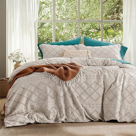Bedsure Boho Twin Duvet Cover Size - Beige Breathable & Soft Boho Bedding, Machine Washable Comforter Cover for All Seasons, Includes 1 Duvet Cover 68"x90" with 1 Pillow Sham & Zipper Closure